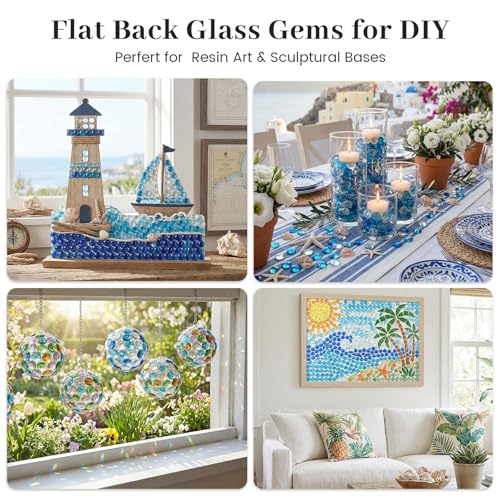FuturePlusX 1 LB Mixed Blue Glass Beads, Flat Marbles for Vase Fillers | Decorative Glass Pebbles, Rocks Fish Tank Aquarium Decor, Table Scatter and DIY Crafts