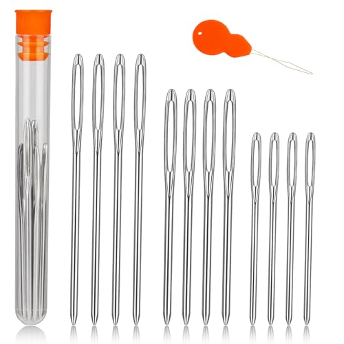 TLKKUE 12 Pcs/3 Sizes Large-Eye Blunt Needles, Steel Yarn Needle Silver | Tapestry Needle with Needle Threader for Sewing Crochet Knitting Embroidery (Silver 2.08in/2.36in/2.76in)