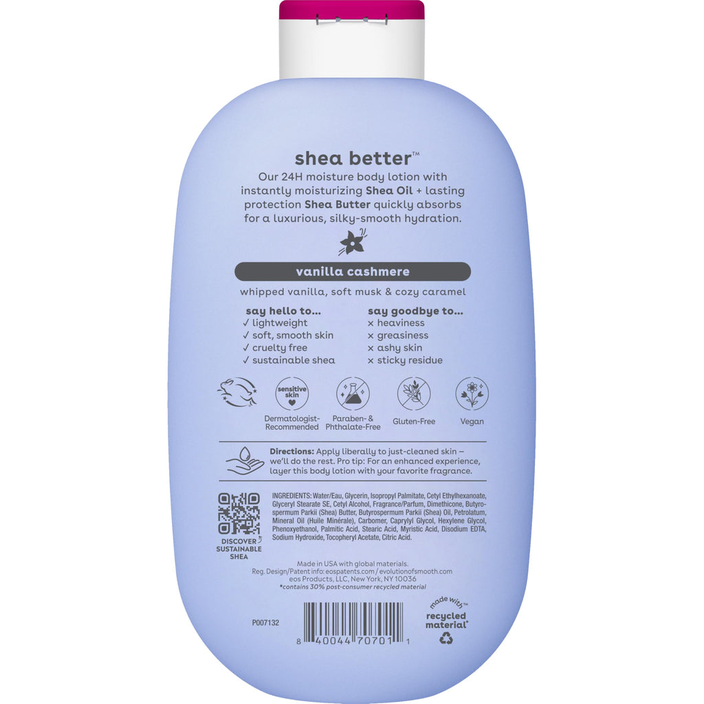 eos Shea Better Body Lotion- Vanilla Cashmere, 24-Hour Moisture, 16 fl oz | Natural Shea Butter & Oil, Whipped Vanilla & Caramel, Lasting Hydration, 100% Vegan & Cruelty-Free, Apply to Dry Skin