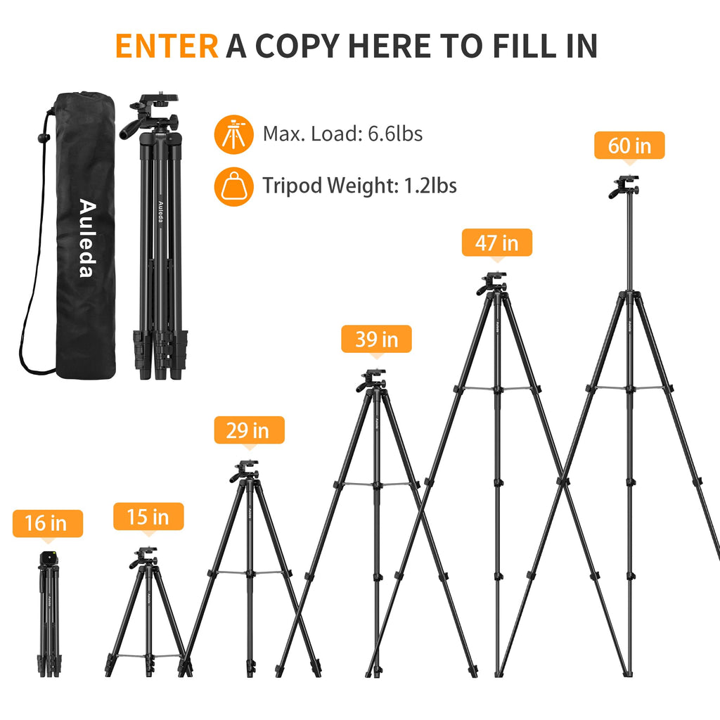 Auleda 60″ Camera Tripod Lightweight Travel Stand for Canon Nikon Phone | with Wireless Remote Phone Holder and Bag Max Load 6.6 LB Black