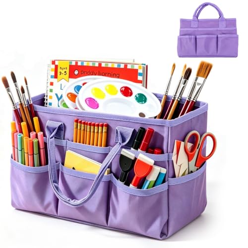 AUVCAS Craft Organizer Tote Bag, Art Supply Organizer Bag for Art Supplies | 10 Pockets,Portable Handle,Collapsible Design,Reinforced Base,Sturdy Art Caddy Bag for Scrapbooking,Craft,Art,Sewing