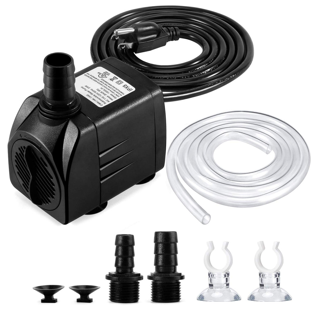 CWKJ 400GPH Submersible Fountain Water Pump with 6.5ft Tubing | 25W,1500L/H Ultra Quiet Outdoor Fountain Pump with 6.56ft High Lift, 6.5ft Power Cord, 3 Nozzles for Aquarium, Pond, Pool