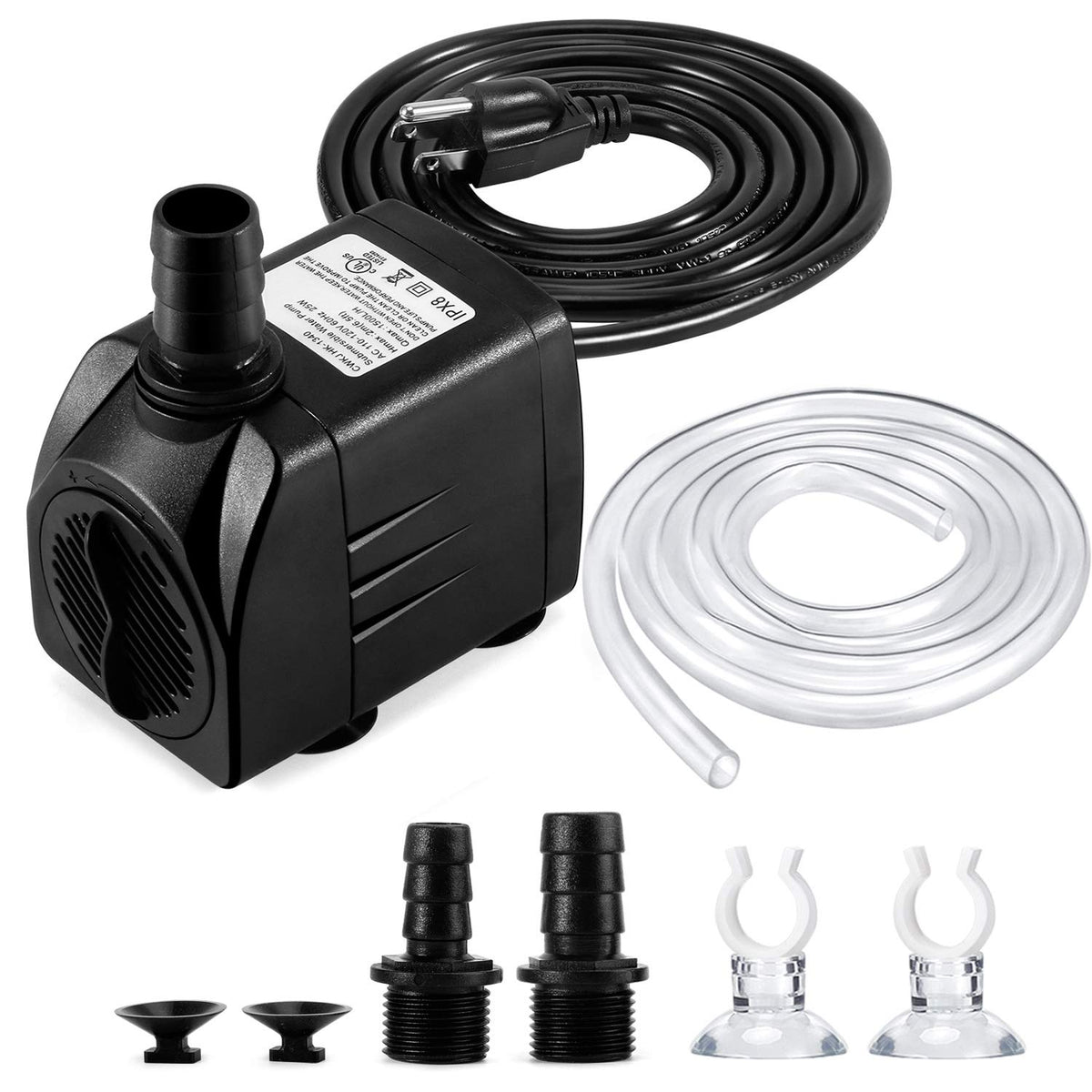 CWKJ 400GPH Submersible Fountain Water Pump with 6.5ft Tubing | 25W,1500L/H Ultra Quiet Outdoor Fountain Pump with 6.56ft High Lift, 6.5ft Power Cord, 3 Nozzles for Aquarium, Pond, Pool