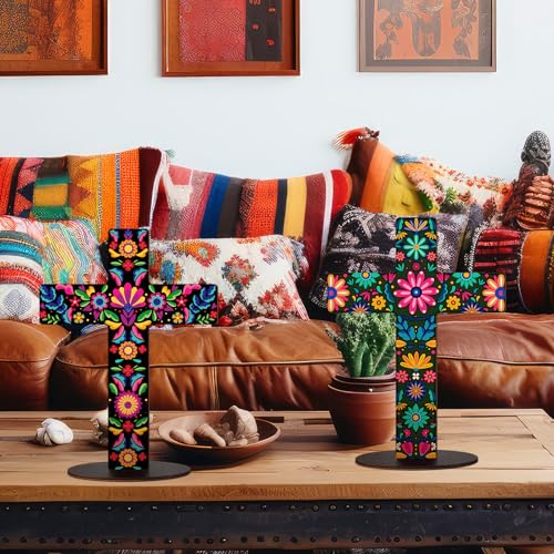 Pinkunn 2 Pcs Day of The Dead Cross Decor, Floral | 9 X12 in Hand Painted Wooden Dia De Los Muertos Cross, Mexican Altar Ofrenda Decor, Spanish Crucifix, Home Church Centerpiece