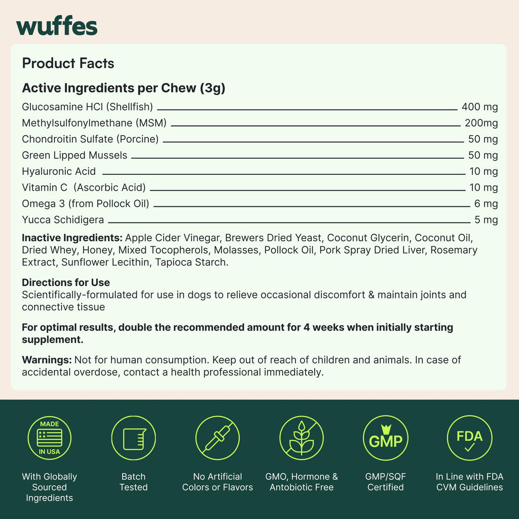 Wuffes Advanced Hip & Joint Chews for Small & Medium Breed Dogs, Vet Recommended, Glucosamine, Chondroitin, MSM, Green-Lipped Mussel & Hyaluronic Acid Supplement, Supports Mobility, 60 Pork Chews