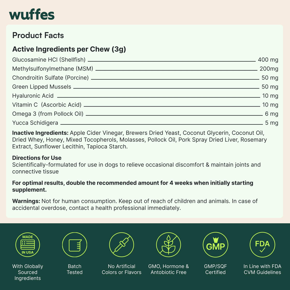Wuffes Advanced Hip & Joint Chews for Small & Medium Breed Dogs, Vet Recommended, Glucosamine, Chondroitin, MSM, Green-Lipped Mussel & Hyaluronic Acid Supplement, Supports Mobility, 60 Pork Chews