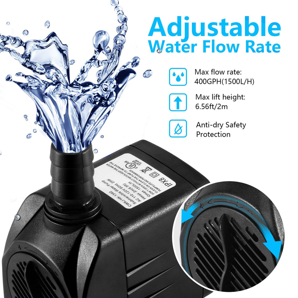 CWKJ 400GPH Submersible Fountain Water Pump with 6.5ft Tubing | 25W,1500L/H Ultra Quiet Outdoor Fountain Pump with 6.56ft High Lift, 6.5ft Power Cord, 3 Nozzles for Aquarium, Pond, Pool
