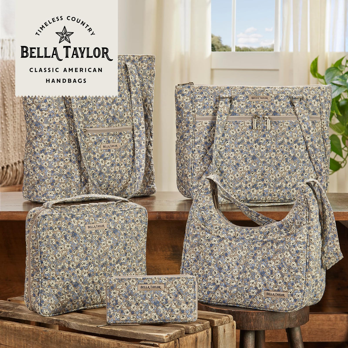 Bella Taylor Bible Cover, Quilted Bible Case, Khaki Floral | For 7 x 10" study Bibles, 3 interior/1 exterior pocket, 2 penloops, bookmark, durable quilted cotton, wraparound zipper