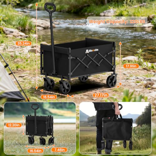 Blomoba Folding Wagon Cart with Wheels, 220lbs Utility Wagon Cart, Black | Collapsible Wagon with 360° All-Terrain Wheels & Adjustable Handle, Foldable Cart for Groceries Camping Sports Gardening