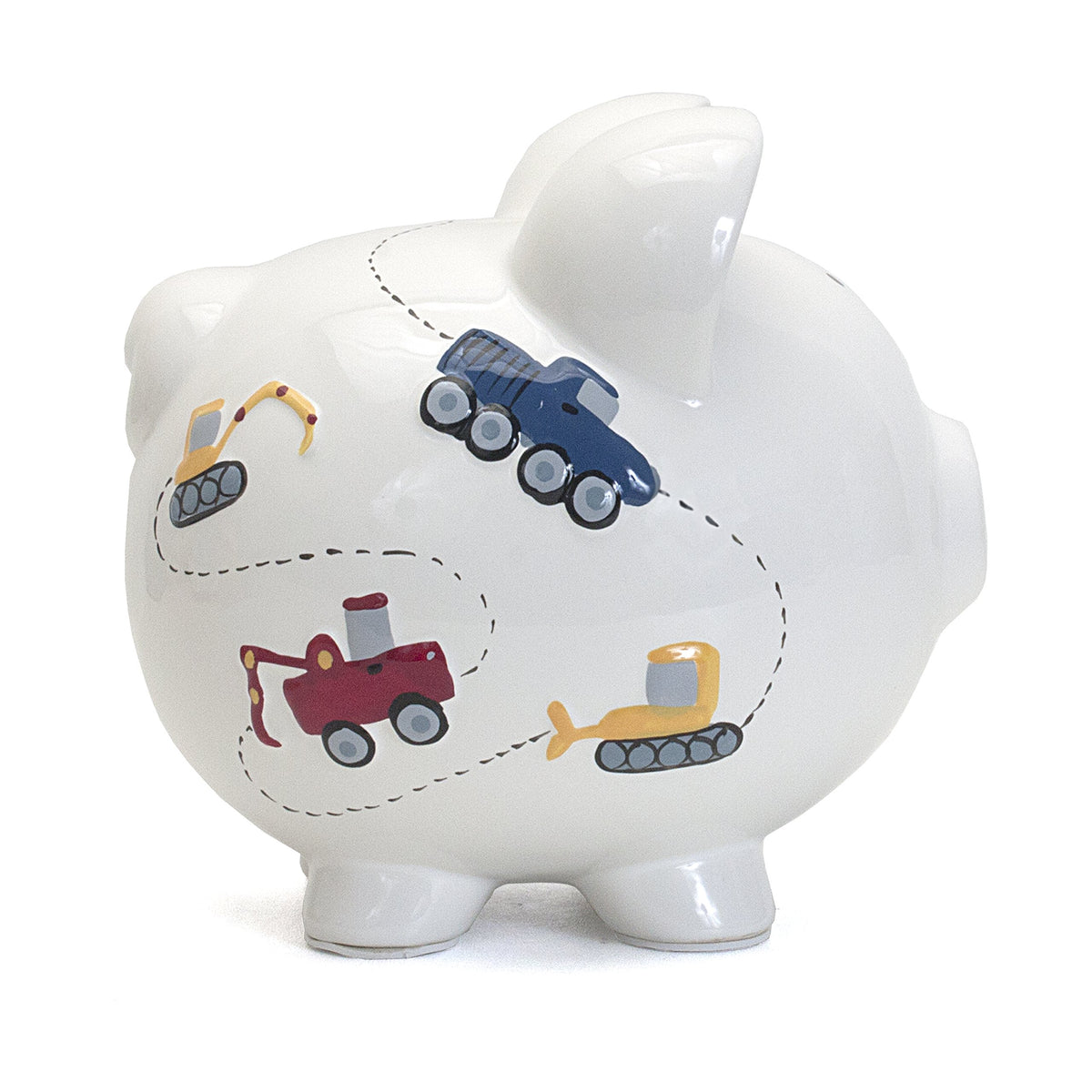 Child to Cherish Ceramic Piggy Bank for Boys, Construction Trucks, White