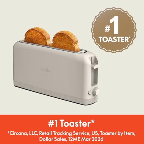 bella 2 Slice Slim Toaster, Fits-anywhere™ Kitchenware, 6 Setting Shade Control with Reheat & Cancel Buttons, Fits Sourdough, 10” Long Slot, Anti Jam & Auto Shutoff, 900 Watt, Oatmilk
