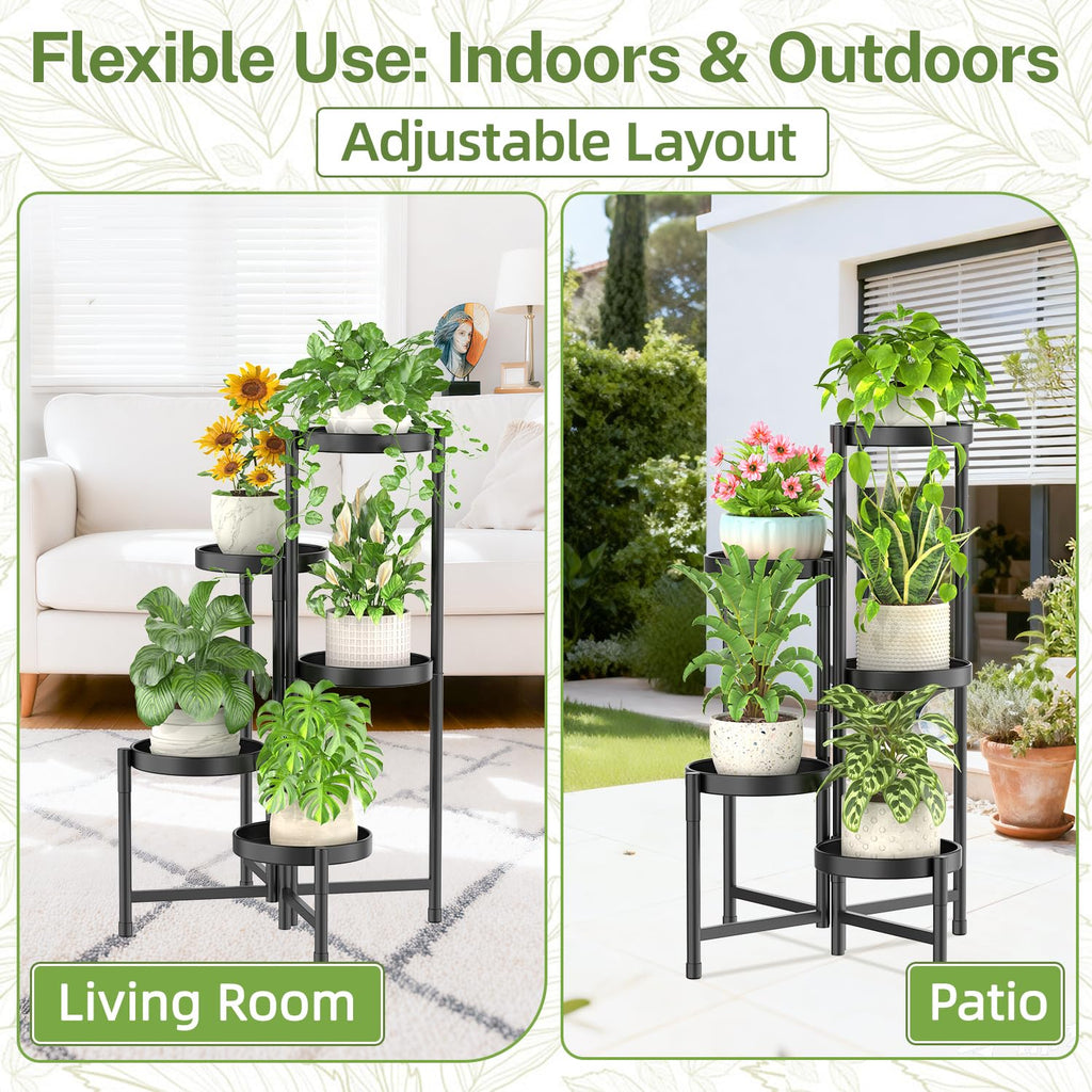 iDavosic.ly Plant Stand Indoor Outdoor, 5 Tier Metal Corner Shelf, Black | Tiered Flower Display Holder, Folding Multi Orchid Rack, Easy to Assemble, Space Saving Patio Balcony Porch Garden House