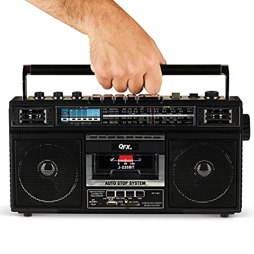 QFX Retro Bluetooth Boombox Cassette Tape Player Recorder, J-220BT, Black | Portable, Dual 3" Speakers, AM/FM/SW1/SW2 Radio, Rechargeable Battery, Built-In Mic, Recorder, 3-Band Equalizer
