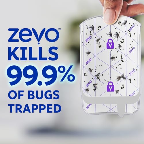 Zevo Flying Insect Trap for Fruit Flies & Gnats, 1 Plug-in Base & 3 Refills | Catches Fruit Flies & Gnats Near Fruit Bowls & Trash Bins, Spray-Free, Odor-Free, Blue & UV Light Trap, Safe for Kids & Pets*