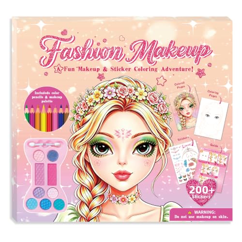 Elfew Makeup Sticker Coloring Books for Kids, Dress UP Toy for Girls 5-8 | 200+ Stickers with 8 Colored Pencils & Makeup Palette, Creative Activity Toy for Home Travel Party Gift