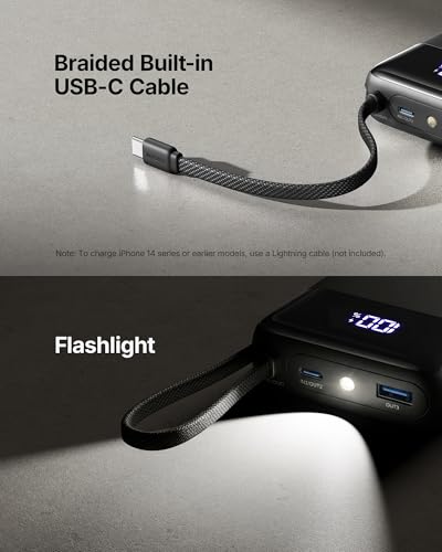 INIU 20000mAh Portable Charger, Smaller 45W Fast Charging Travel Power Bank | Flight-Safe, Built in USB-C Cable, Travel Essential, Battery Phone Pack for iPhone 18 17 16 Pro, Samsung S26, iPad etc, Black