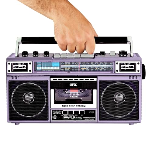 QFX Retro Bluetooth Boombox Cassette Tape Player Recorder, J-220BT, Purple | Portable, Dual 3" Speakers, AM/FM/SW1/SW2 Radio, Built-in Microphone, Recorder, 3-Band Equalizer - Limited Edition