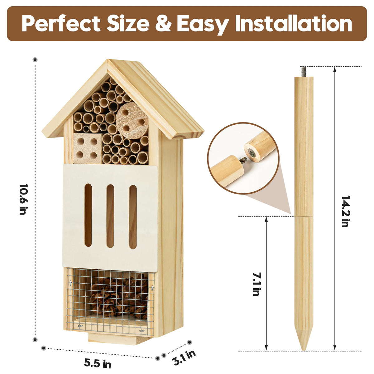 UUMENHA Bee House Bug Hotel & Butterfly House with Stake,Ladybug Hotel | Natural Insect Habitat for Garden, Patio, or Yard, Attracts Pollinators, 10.4 x 5.5 x 3.2 Inches,14 inches Stake