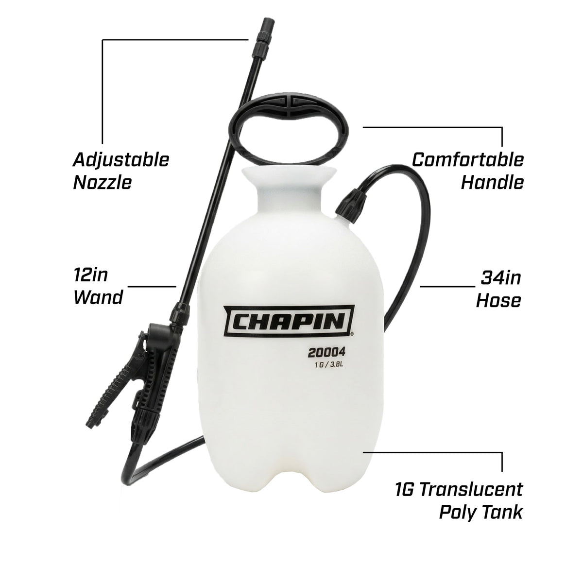 CHAPIN 20004 SureSpray 1-Gallon Pump Sprayer for Lawn, Garden & Weeds | See fluid levels at a glance; the funnel top makes filling easier, while the adjustable nozzle and 34-in hose extend reach