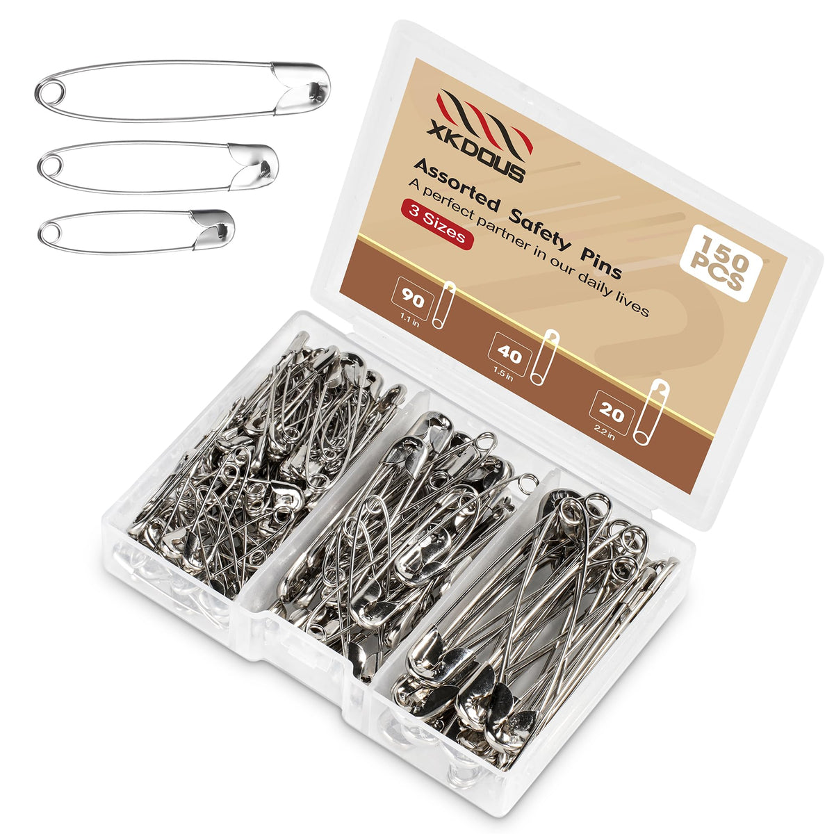 XKDOUS 150 Pack Safety Pins for Clothes 3 Universal Assorted Sizes, Silver | Small & Large Safety Pin, Strong Heavy Duty Sharp Edge Pins Bulk, Fasteners for Clothing, Sewing, Crafting