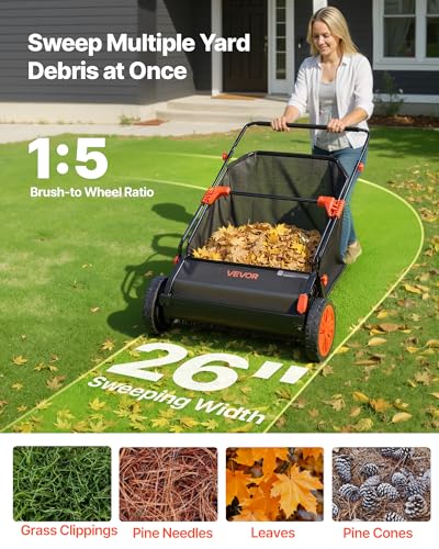 VEVOR Push Lawn Sweeper 26 in Leaf & Grass Collector 7 cu. ft. Hopper Bag | Heavy Duty Yard Sweeper with Adjustable Brush Height, Spinning Brushes, Rubber Wheels for Leaves Grass Cleanup, Black/Orange