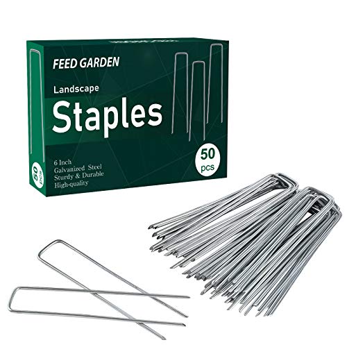 FEED GARDEN Landscape Staples 6 Inch 50 Pack, Galvanized Garden Stakes | 11 Gauge for Weed Barrier,Sod, Artificial Turf, Drip Irrigation Tubing, Netting,Outdoor Decoration, Plant cover,4/6/8/10/12in