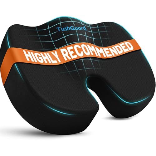 TushGuard Seat Cushion for Office Chair, Memory Foam Chair Cushion, Black | Office Chair Cushion for Car, Airplane - Chair Pad, Butt Pillow for Long Sitting Sciatica, Hip, Coccyx,Tailbone Pain Relief