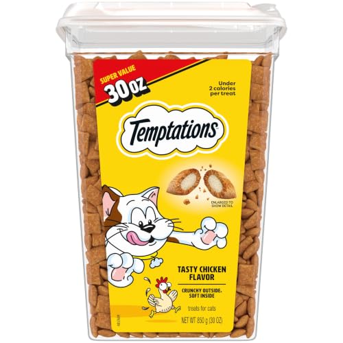 Temptations Classic Crunchy and Soft Cat Treats, Tasty Chicken, 30 oz | Under 2 calories per treat, crunchy outside & soft inside, resealable tub, 100% complete & balanced, snack, meal or topper