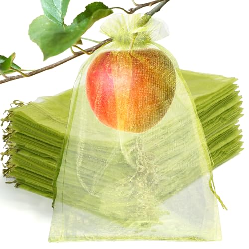 50 Pcs Fruit Protection Bags, 6×9 in Mesh Cover Nets for Tree, Green | Drawstring Netting, Protect Fruits, Dense Fine Mesh, for Vegetables Strawberry Tomato Garden, Reusable and Soft