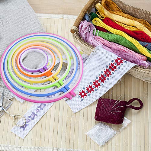 Caydo 6 Pieces Embroidery Hoops and 15 Needles, Plastic Circle Cross Stitch Hoop Ring Embroidery Circle Set, 3.4 inch to 10.4 inch (Multicolor)