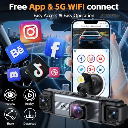 4 Channel 360° Dash Cam Front and Rear Inside, 64GB Card Included | 4K+1080P*3 FHD Car Camera, 5GHz WiFi/App Control 8 IR Lamps Night Vision 24H Parking Mode G-Sensor Loop Recording (Gunmetal)