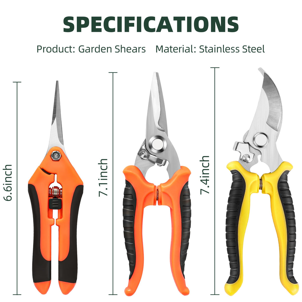 EWPJDK 3 Pack Garden Pruning Shears Scissors Clippers Stainless Steel | Gardening Shears, Gardening Shears, Pruning Snips for Gardening Tools, Securely Lock, Non-Slip, Ergonomically Designed