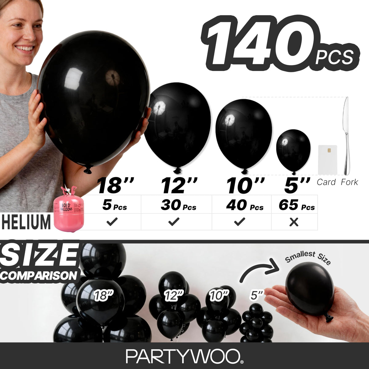 PartyWoo Black Balloons 140pcs Different Sizes of 18 12 10 5 Inch | Balloons for Baby Shower Birthday Graduation Casino Gaming Anniversary Retirement Baby Party Decorations Black-Y18