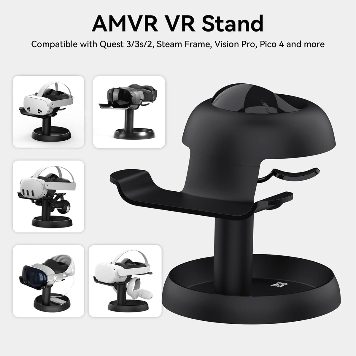 AMVR TYBP1 VR Headset Stand for Quest 3/3S/2, Steam Frame, Pico 4, PSVR 2 | Stable enlarged base,ABS build,lens scratch protection,holds headset & controllers,multi-accessory storage,quick instal