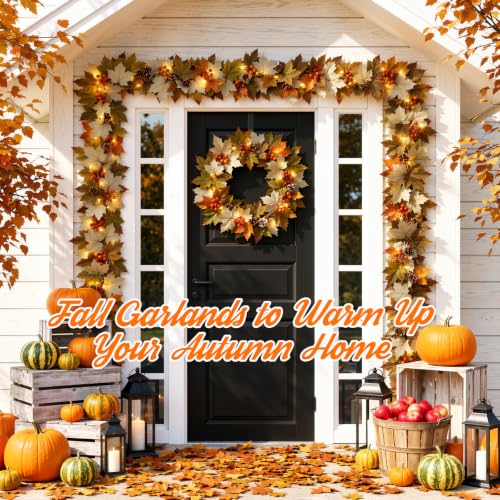 Luxspire 6 FT Fall Garland with Lights and Timer for Fall Decor | Fall Leaves Garland with Lights, Berries Maple Leaves Pinecones, Fall Decorations for Home Mantle Porch Window Stair Railing