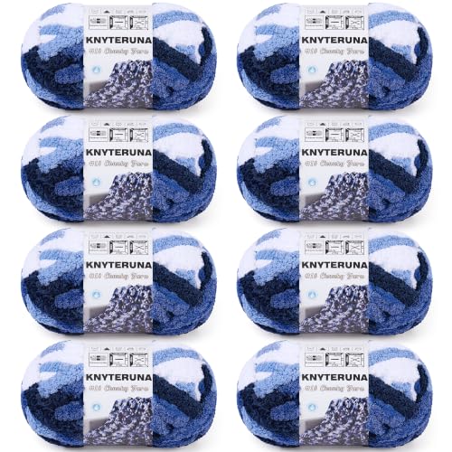 Knyteruna Chunky Yarn for Hand Knitting, #10 Chunky Blanket Chenille Yarn, Large Bulky Thick Jumbo Yarn, Super Chunky Knit Yarn for Crocheting, 8 Skein (8oz,20yds Each Skein), Tie Dye Multi Blue&White