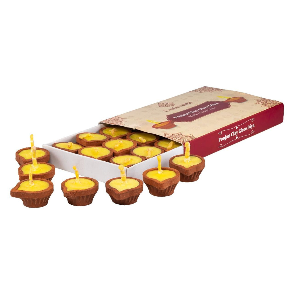 Handcrafted Poojan Clay Ghee Diya Set of 15 - Eco-Friendly Homemade Diya with Premium Cow Ghee Wick for Spiritual Rituals, and Religious Ceremonies, Meditation.