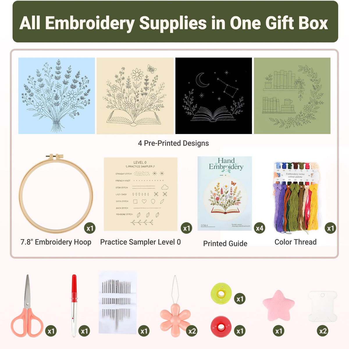 JOINRUN Embroidery Kit for Beginners Adults with Level 0 Practice Sampler | 4 Pre-Printed Book Lover Botanical Patterns + 1 Sampler Fabric, 7.8" Hoop, Video Tutorials, DIY Craft Gift for Women