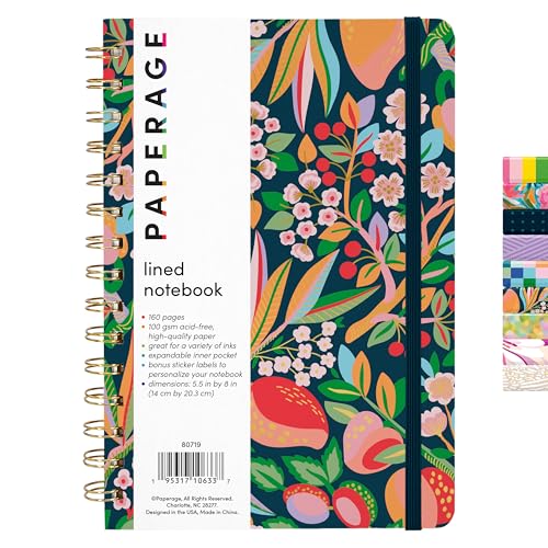 PAPERAGE Lined Spiral Journal Notebook, (Cherry Blossom/Fruit), 160 Pages, Hardcover Journal for Women & Men, Medium 5.5 in x 8 in - 100 GSM, Thick Paper, Spiral Notebook for Work, School & Journaling