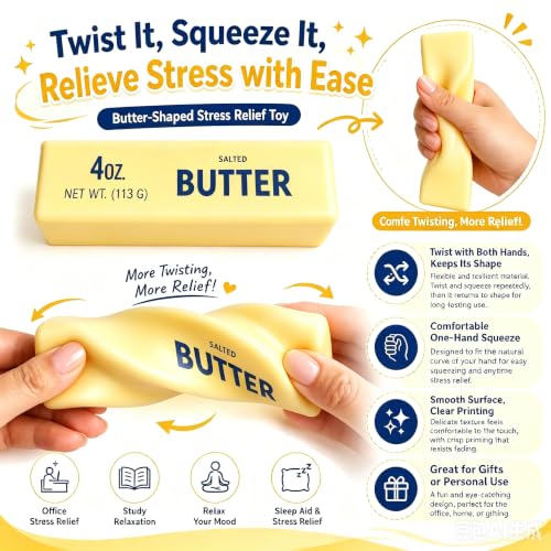 2 PCS Butter Squishy,Butter Squishy Toy, Squishy Fidget Toy, Stress Relief Toy, Soft Squeeze Anxiety Relief Fidget Toy, 4oz Butter-Shaped Squishy Toy for Office Desk Home, Reusable Durable Material