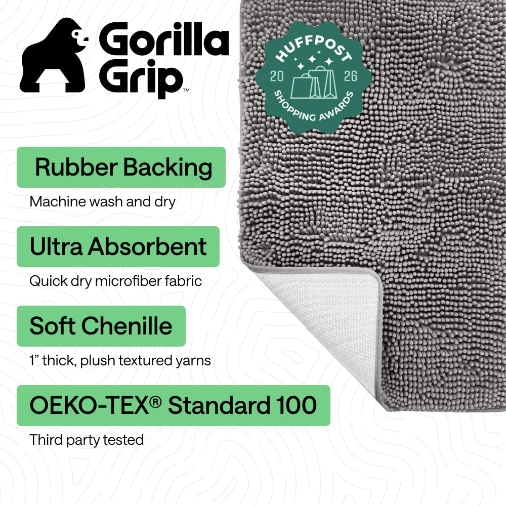 GORILLA GRIP Bath Rug Mat for Bathroom, Absorbent Chenille, 24x17 Gray | Soft Thick Quick Dry Microfiber Mats, Rubber Backing, Machine Washable Tub and Shower Floor Rugs, Home Decor Essentials