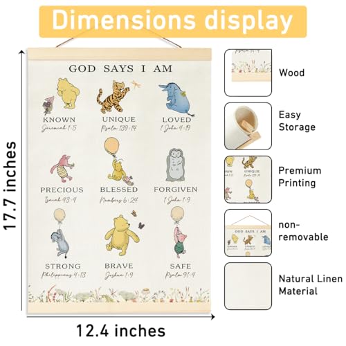 Winnie Biblical Affirmations Wall Art, The Pooh Canvas Wall Art Painting for Room, Wooden Hanging Rod Religious Gifts, Nursery Decoration For Boy or Girl