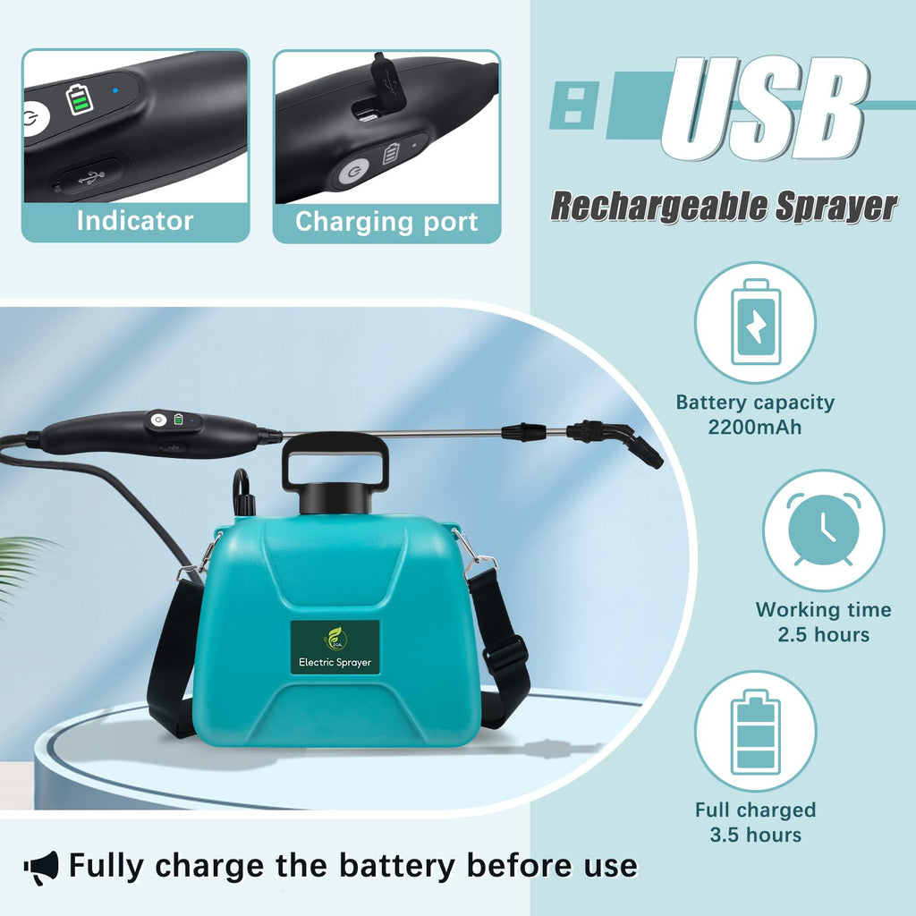 2 Gallon Battery Powered Sprayer, Electric Pump Sprayer in Lawn and Garden | USB Rechargeable Handle, 3 Mist Nozzles, Retractable Wand, Yard Sprayers with Adjustable Shoulder Strap for Yard, Garden