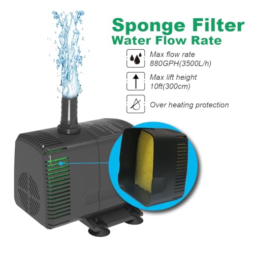 Knifel Submersible Water Pump 880GPH Pond Pump for Fountains | 10ft Lift, 9.8ft Power Cord, Ultra Quiet, Over Heating Protection for Pond, Fountain, Hydroponic, waterfall, Aquarium