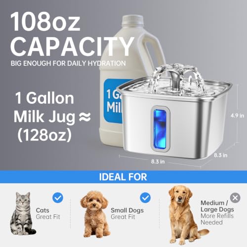 Veken Innovation Award Winner Stainless Steel Cat Water Fountain, 108oz, C1 | Automatic Pet Fountain Dog Water Dispenser with 3 Replacement Filters & Silicone Mat, Gifts for Cats, Dogs (Silver)