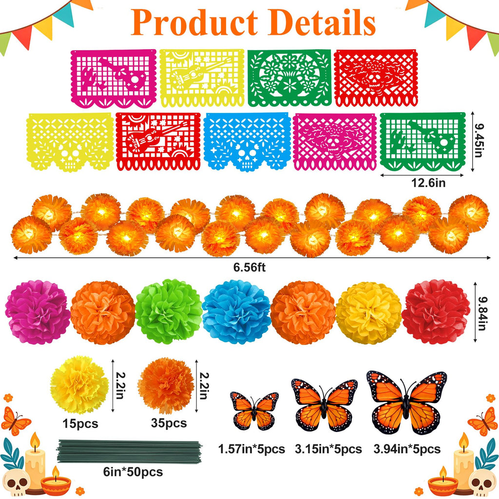 132Pcs Day of The Dead Decor Kit Dia De Los Muertos Decorations Altar Decor | Marigold Garland Light 9 Papel Picado Banners 7 Paper Flowers 50 Marigold Flowers with 50 Stems 15 Butterflies for Diwali