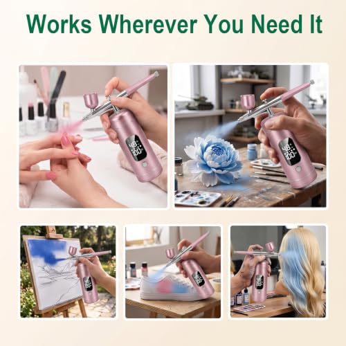 Cordless Airbrush Kit with Compressor, 48 PSI High Pressure, 3-Speed | 950mAh Rechargeable, 0.2/0.5mm Nozzles & 3 Cups, Non-Clogging, for Cake, Models, Makeup, Painting, Nail Art