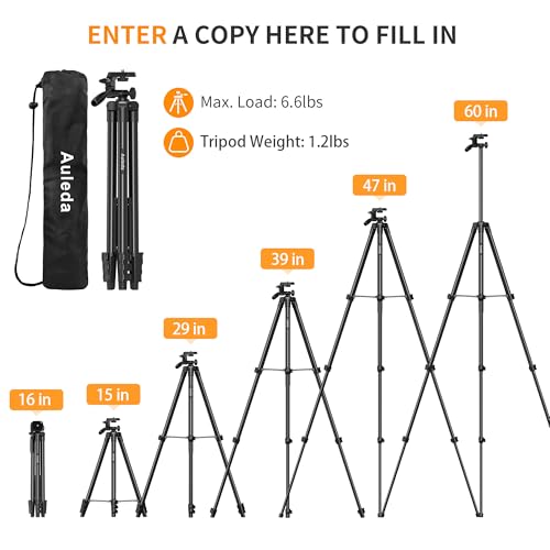 Auleda 60″ Camera Tripod Lightweight Travel Stand for Canon Nikon Phone | with Wireless Remote Phone Holder and Bag Max Load 6.6 LB Black