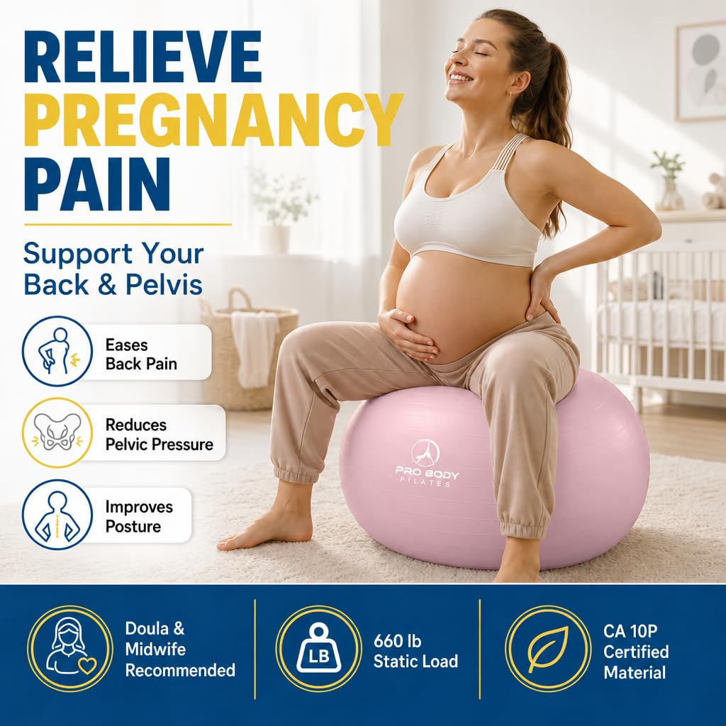 ProBody Pilates Pregnancy Ball with Guide - Birthing Ball | 1.7mm Anti-Burst PVC, CA 10P Certified, 55/65/75 cm, Guide, Doula & Midwife Use, Pump, Pregnancy Essentials