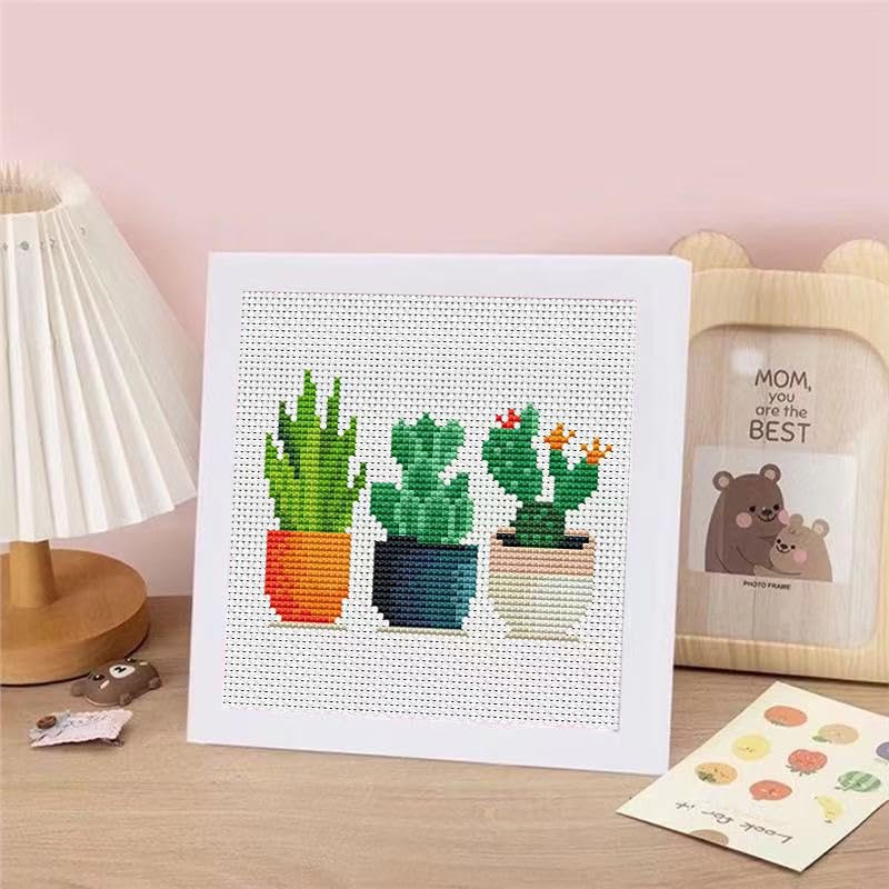 Tiwabb Succulent Stamped Cross Stitch Kits for Adults Beginners with Frame | Cactus Partial 11CT Cross-Stitch,DIY Arts and Crafts for Adults,Embroidery Kit for Adults Beginners for Decor and Gift 7x7 in